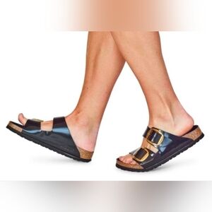 BIRKENSTOCK Arizona Big Buckle Oiled Leather Sandals in Navy Blue Size 40 NARROW